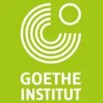 Bight green square with cream circle made up of five lines that has a quarter removed to leave space for a smaller circle made up of one line in the top right corner. Text reads "GOETHE INSTITUT".