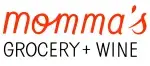 Logo with red and black text for Momma's grocery and wine. Text reads "momma's GROCERY + WINE"